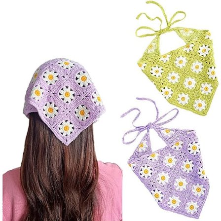 2 stk. kvinners blomster heklede hårbånd (lilla og grønn), kvinners bohemske blomsterhodeskjerf, heklede trekantede hodeskjerf, vintage flo