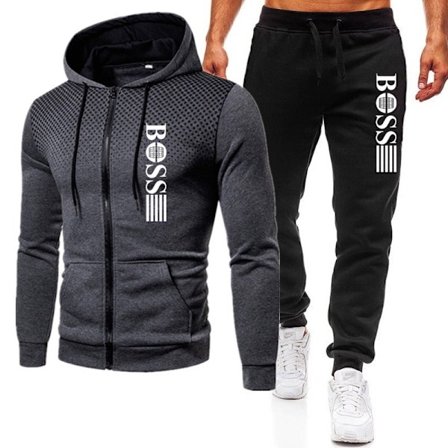BOSS Herre Tracksuit 2-delt Hoodie Langærmet Zip-up Jakke med Casual Joggingbukser Sweatsuit Set Mørkegrå-Sort
