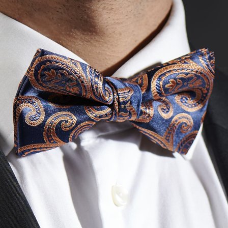 Papillon pre-annodato in poliestere con fantasia Paisley blu e arancione per uomini - Papillon pre-annodati