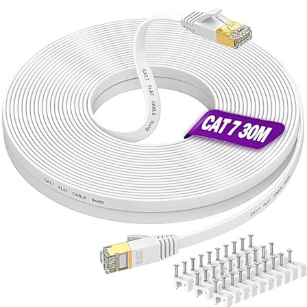 【PP】Langt Ethernet-kabel 30m, Cat 7 højhastigheds fladt internetkabel 30 meter netværkskabel Hvid 10gbps 600mhz Rj45-kabel 100ft Shielde
