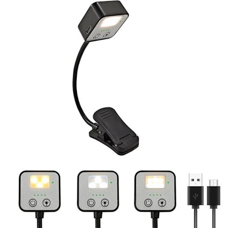 Boglampe, genopladelig clip-on læselampe, justerbar lysstyrke