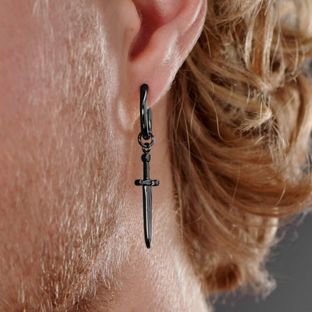 Pendiente de aro de acero negro con colgante de espada para hombres - Pendientes de aro con colgante