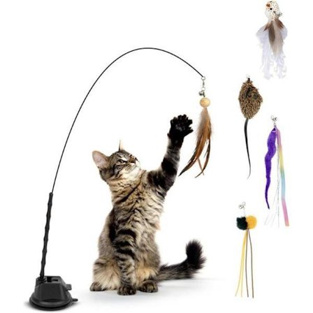 Lollanda Kattesæt med 7 Dele med Kattefiskestang, Sugekop og Fjer - Miljøvenligt Legetøj til Indekatte 7