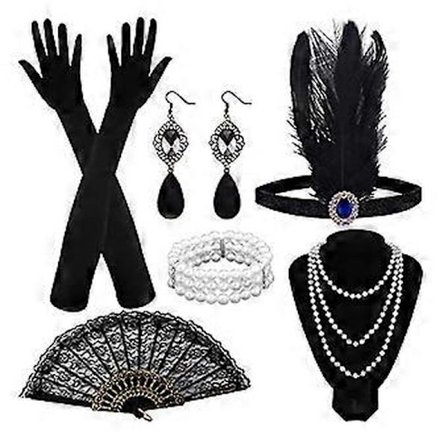 1920-tals Dam Flapper Tillbehör Retro Gatsby Kostym Tillbehör Set 20-tals Flapper Pannband Pärlhalsband Armband Örhängen Handskar -NMAOV( F)