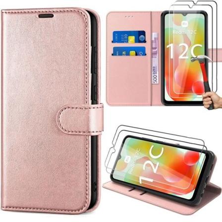 2 hærdede briller + etui til Xiaomi Redmi 12C-11A Pink anti-ridse stødsikker lædereffekt