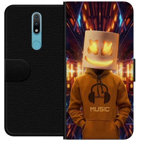 Yhteensopiva Lompakkokotelo Nokia Nokia 2.4 DJ-hahmo valaisevassa kypärässä ja hupparissa futuristisessa musiikkiympäristössä neonvalojen keskel