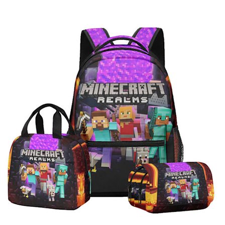 3D Uusi Tuote Minecraft Ala- ja Yläkoulun Reppu Lounaslaukku Kaksikerroksinen Kynälaukku Kolmen Osan Setti