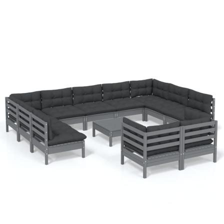 Vidaxl Loungegrupp Med Dynor 12 Delar Grå Massiv Furu Grå