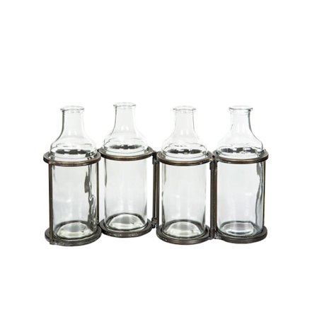 Flaskor i ställning 4st Antik Mässing