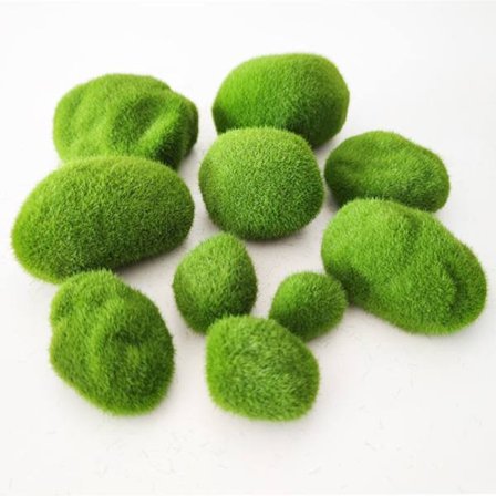 Set med 24 dekorativa konstgjorda stenar täckta med grön mossa