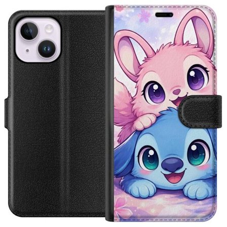Kompatibel Tegnebogsetui til Apple Apple iPhone 14 Plus Sød kawaii illustration med pink og blå fantasidyr, store øjne og bløde farver perfekt til