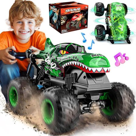 /HH/ 2.4GHz RC Monster Truck Legetøj til Drenge, 1:20 Dinosaur Fjernstyret Bil med Lys & Musik, Stunt Truck 360° Spinning Grøn