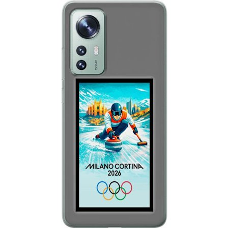 Yhteensopiva Puhelinkuori Xiaomi 12 Jääkiekkoilukuva, jossa pelaajat liikkuvat jäällä, Milano Cortina 2026, Milanin maamerkit ja olympialaisten renkaa