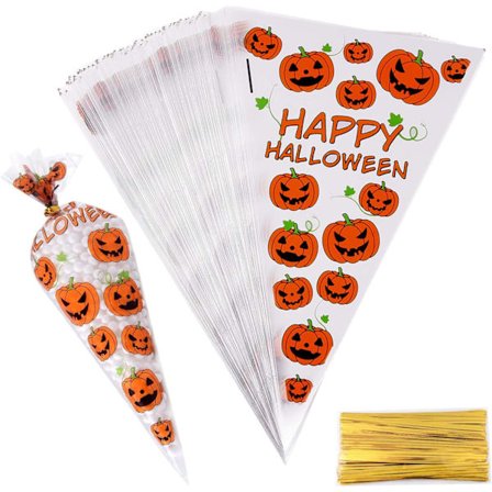 150 stk. Halloween Kegle Cellofanposer Græskar Godtepose Slikposer med Gyldne Twist Ties til Halloween Festfavoriser