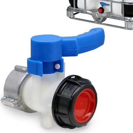 Fjärilventil med flytande mutter i aluminium, kompatibel med 1000 liters IBC-tank, S75x6 mutter och S60x6 utlopp