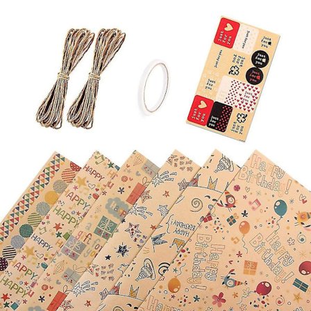 6 stk. Gavepapirark, Fødselsdag Gavepapir Sæt Festival Gavepapir, Bånd Gave