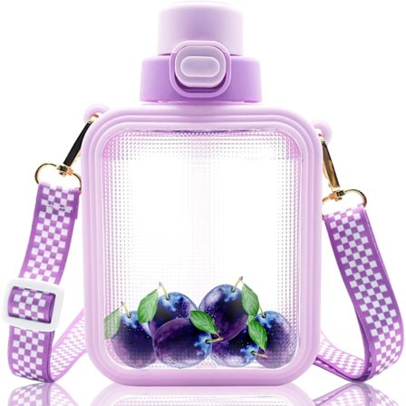 Søte firkantede vannflasker med sugerør og justerbar stropp, sportsflaske med tegneserieklistremerke, bærbar reisevannkopp 700ml lilla