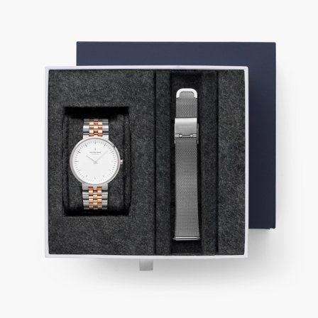 Nordgreen - Minimalistische Damenuhr in Silber - Infinity - SET Silber | Armbänder Silber-Roségold 5-Link Armband / Mesh