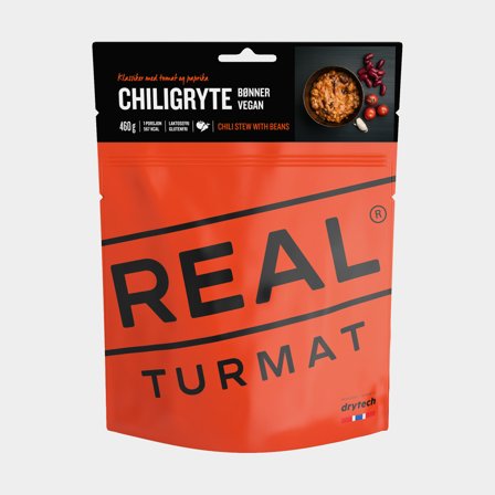 Frysetørret mad / campingmad Real Turmat Chili Stew with Beans / Chiligryde, glutenfri / vegansk / vegetarisk, portionspakke, 460 g