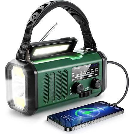 Nødradio med sveiv, solenergi og USB-lading - 10000mAh batteri - NOAA/AM/FM værradio - LED-lommelykt og leselys - SOS-alarm