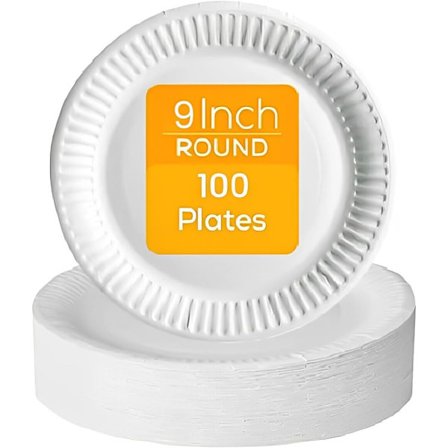 Hvite Papir Engangstallerkener Pakke med 100 Store 23 cm 9 Tommer, 100% Naturlige og Resirkulerbare Ideer for Bursdag, Grillfester, Pikniker