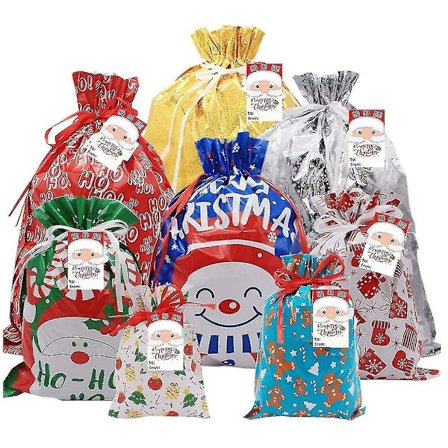 40 st Julpåsar med dragsko, blandade julklappspåsar, 10 designer och 8 storlekar av julklappar