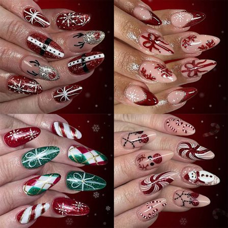 96 stk. falske negle til ferien, blanke spidser, vinter snefnug rensdyrmønstre