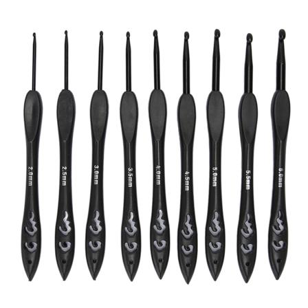 9 st Virknålar Set 2,0 till 6,0 mm Ergonomiskt handtag Minska kramper Aluminiumvirknål för Virkälskare Svart