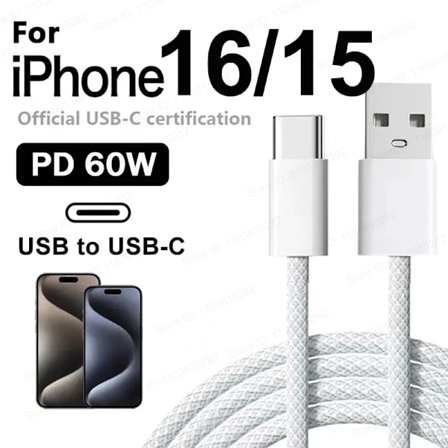 Original 60W PD USB till USB-C Snabbladdningskabel För Apple iPhone 16 Pro Max 15 Plus Typ C Snabbladdare Xiaomi Samsung Kabel