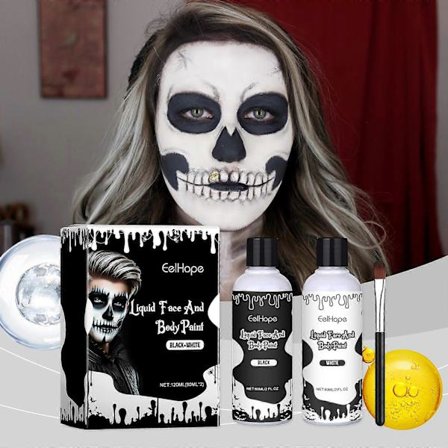 Svart Hvit Ansiktsmaling, 60ml x 2 Stykker Ansiktsfarge Kroppsmaling, Halloween Sminkesett med Sminkekost, Klovner Zombie Vampyr Skjelett SFX Sminke 