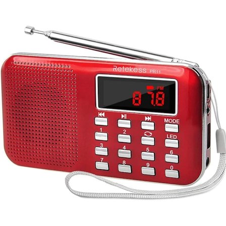 Bärbar radio, FM AM batteri och elnät radio, MP3, högtalare, stödjer TF-kort/USB, ficklampa, lämplig för överlevnad, badrum, resor (röd)