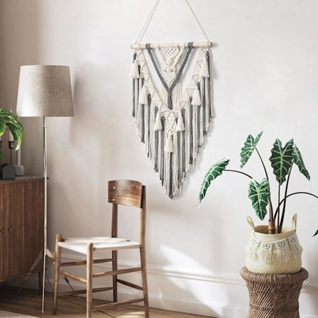 Boho Makramee Seinävaate Geometrinen Kudottu Gobeliini Beige ja Harmaa Puuvilla Käsintehty Boheemi Taide Tupsu Käsityö Koriste