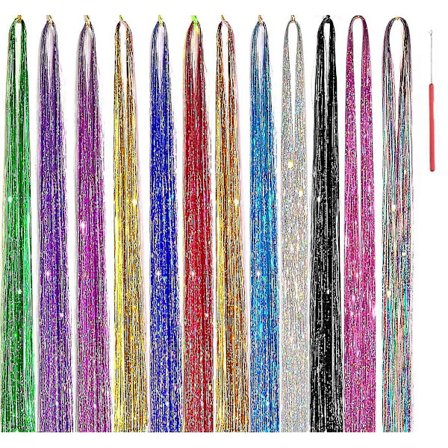 Hår Tinsel Kit, 12 farger 48 tommer 2600 tråder Hår Tinsel tråder Kit, Varmebestandig & Hår Glitter Tinsel Hår Extensions
