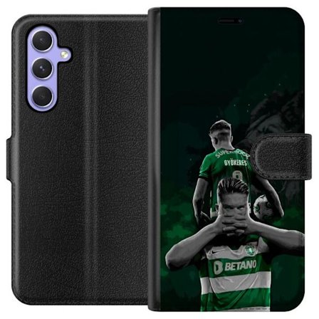 Kompatibelt Lommeboketui til Samsung Galaxy A54 Neonmotiv med teksten "Gaming is in my DNA" på en blå og rød murvegg med en lysende DNA-spiral.