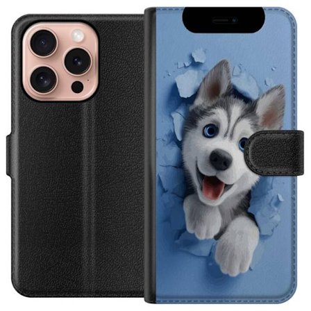 Apple iPhone 16 Pro Lompakkokotelo Söpö husky pentu, jolla on suuret siniset silmät, jotka kurkistavat rikkinäisen seinän läpi pehmeässä 3D-ty