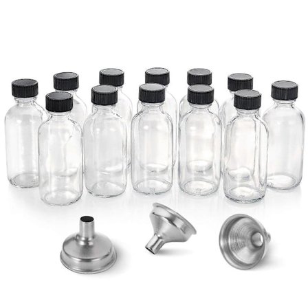 12-pack, 2 oz Små Klara Glasflaskor med Lock & 3 Rostfria Trattar - 60ml Boston Round Provflaskor för Dryck, Juice, Ingefärsshots, Oljor