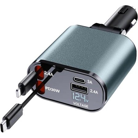 2025 Seneste Model Udtrækkelig Biloplader til Mobiltelefon, 4-i-1 Hurtigopladende Biloplader med 2 Udtrækkelige Kabler (0,8 m) og 2 USB-Porte