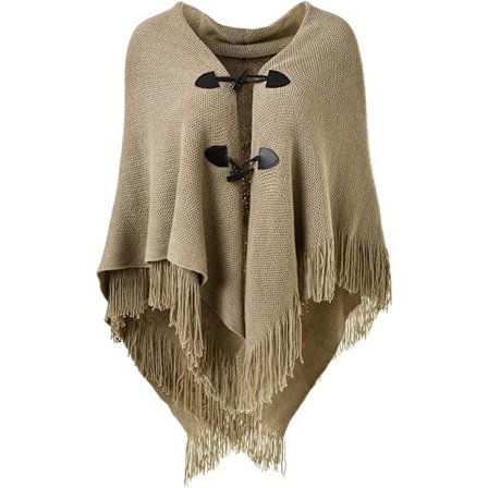 Elegant varm dam poncho sjal (Khaki) öppen fram med fransar