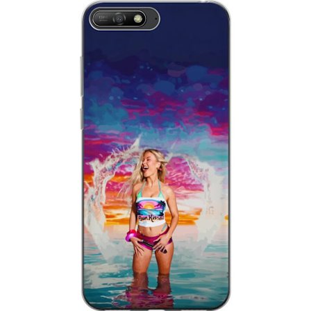 Kompatibel Mobilcover til Huawei Y6 (2018) Blond kvinde i farverigt strandtøj, der leger i havet ved solnedgang