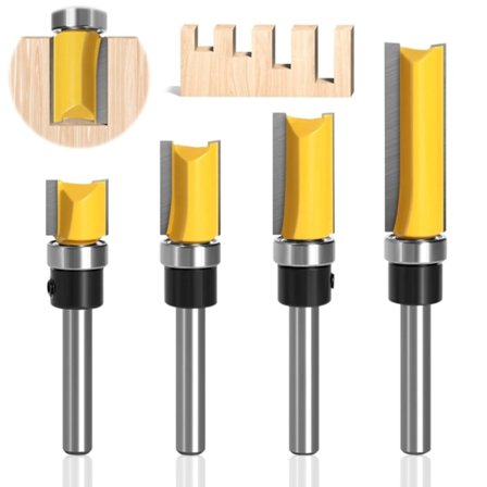 Flush Trim Router Bits med Schaft, 4 stk 6,35 mm Schaft Flush Trim Router Bits, Profesjonelle Tilbehør med Kulelager, Trebearbeidingsverktøy, Freser