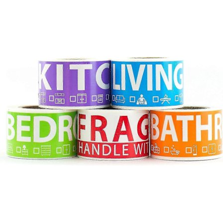 250 Flyttetiketter för Hemmet för 1 Sovrumshus. 50 Etiketter Per Rum, 5 Färgkodade Etikett-rullar. Inkluderar ömtåliga etiketter. För Flyttkartonger, 