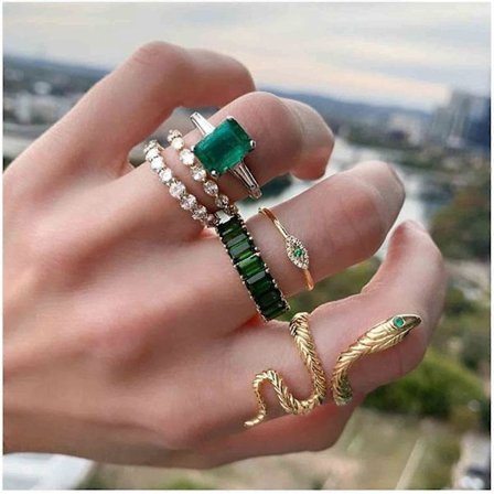 Punk Snake Finger Rings Smaragd Band Ringar Justerbara Guld Knuckle Joint Ringar Stackbara Onda Öga Ringar Set Gothic Statement Ringar för Kvinnor och