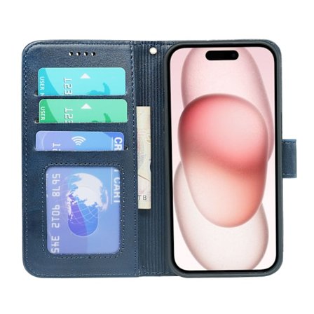 Etui til iPhone 16E blå flip lommebok kalveskinn fotoramme stativ lær