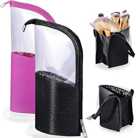 2 stycken Resesminkborste Kopphållare Organizer , Bärbar Vattentät Dammfri Stand-up liten toalettpappersväska med avdelare (rosaröd+bla)