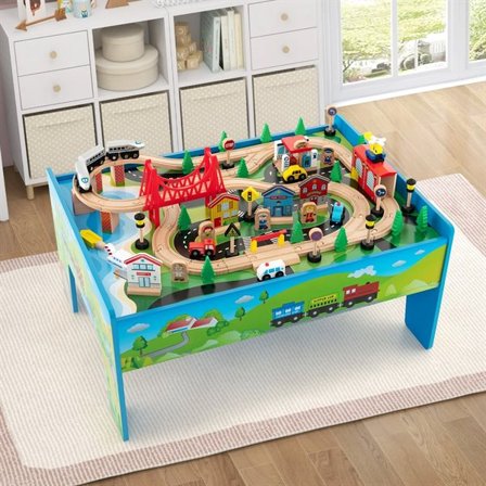 80-delars trätågset med bord – färgglad järnvägsbana för barn