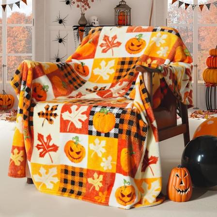 1 stk Halloween Fleece-teppe, Gresskar, Blad Høst Rutete Teppe, Myk Fuzzy Plysj for Sofa eller Seng, Luksus