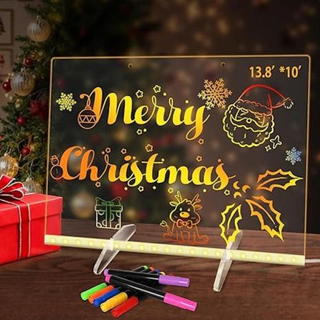 Tegnebrett for barn, 35 cm x 25 cm, akryl whiteboard med lys, inkluderer 7 tusjer.