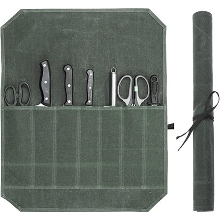 Chef Tools Protector - m/ 7 rum - Kokkekniv Rulle Taske - Kniv Taske - Vokset Lærreds Kniv Taske