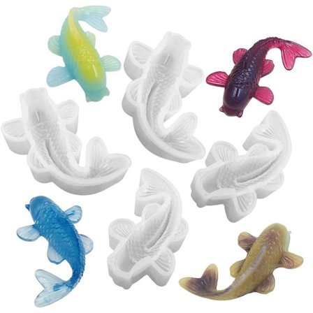 4-delt Koi fisk silikonharpiksformsett, Koi fisk og gullfisk dekorative epoksyharpiksformer.