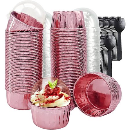 100 pakker aluminiumsmuffinsformer med lokk, 5,5oz store muffinsformer